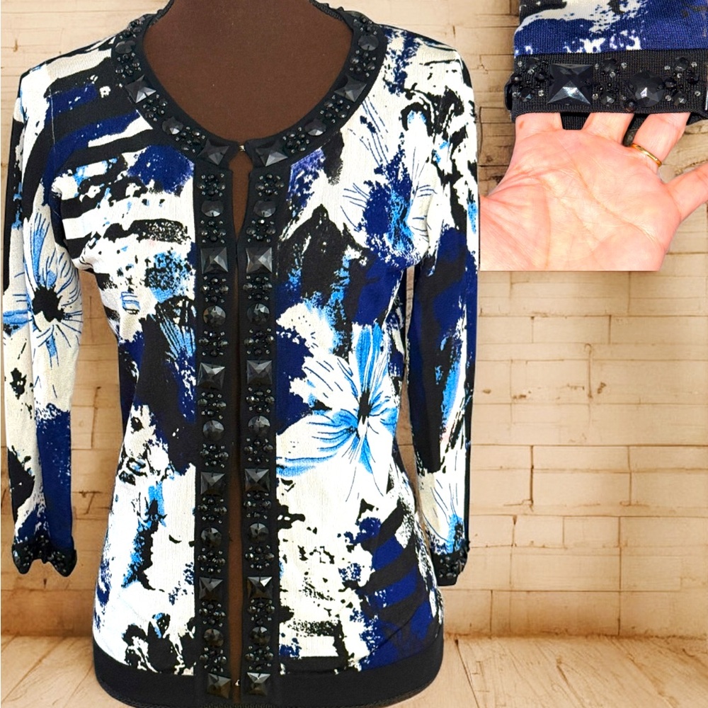 Women Cardigan Sweater, Spiegel Beaded Sweater, Blue/Black Button Up, Designer